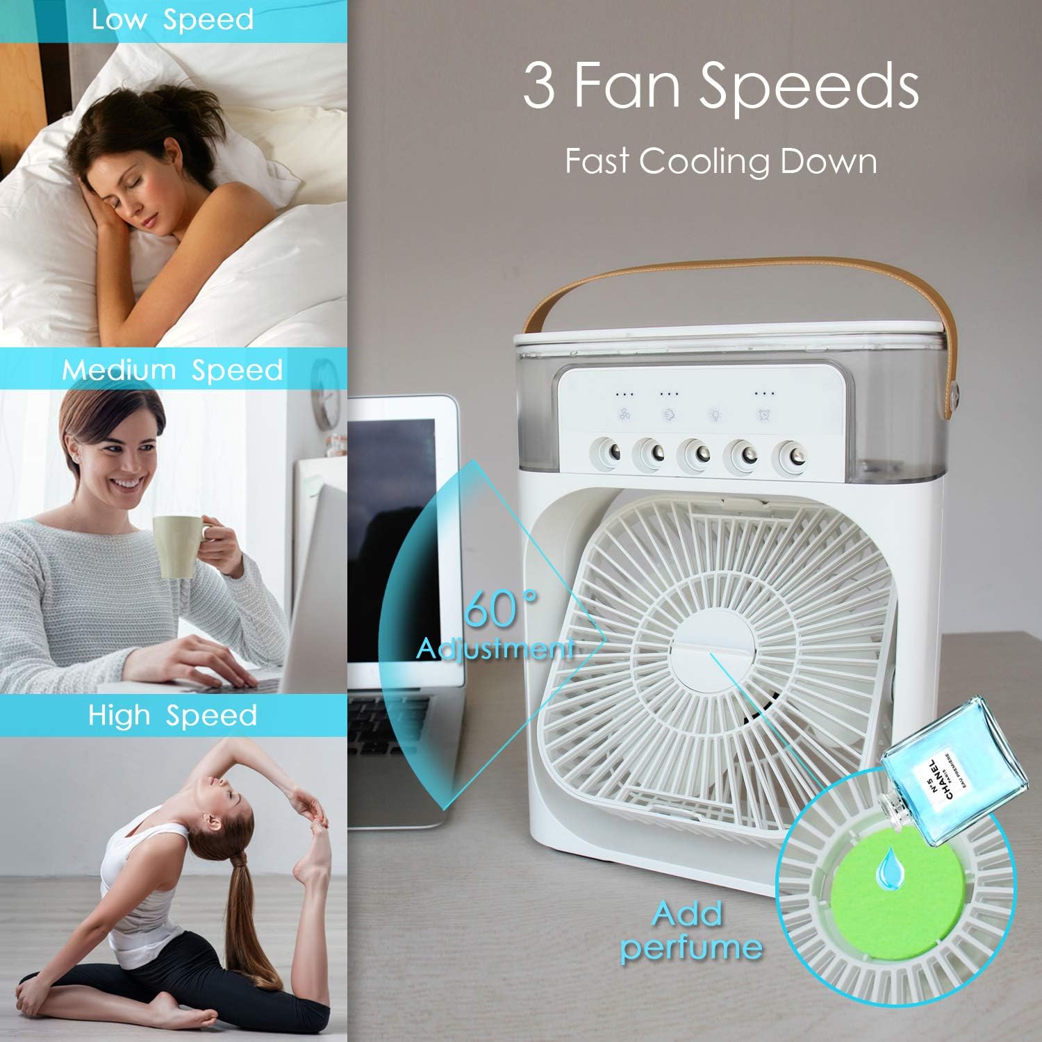 Portable Air Conditioner Fan, Mini Evaporative Air Cooler with 7 Colors LED Lights.