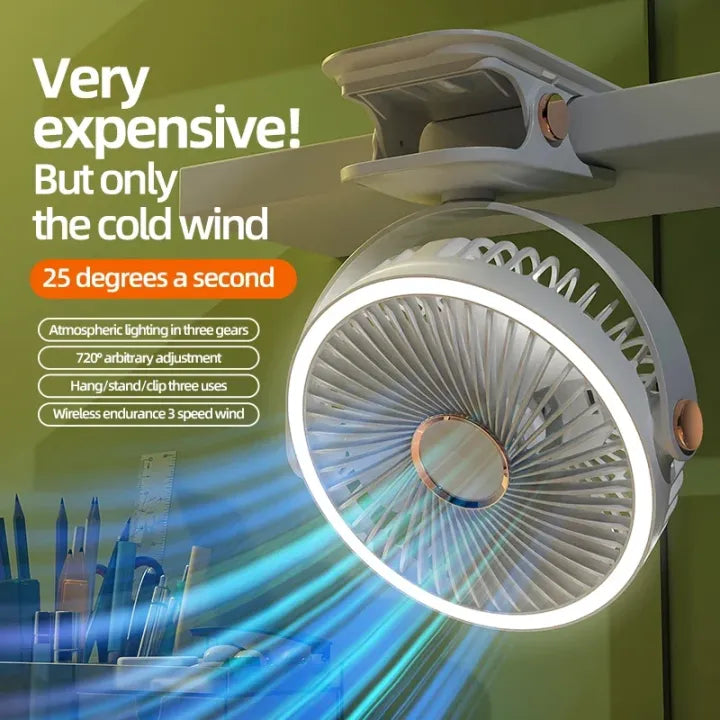 Wide Angle 720° Rechargeable Desk Fan with LED