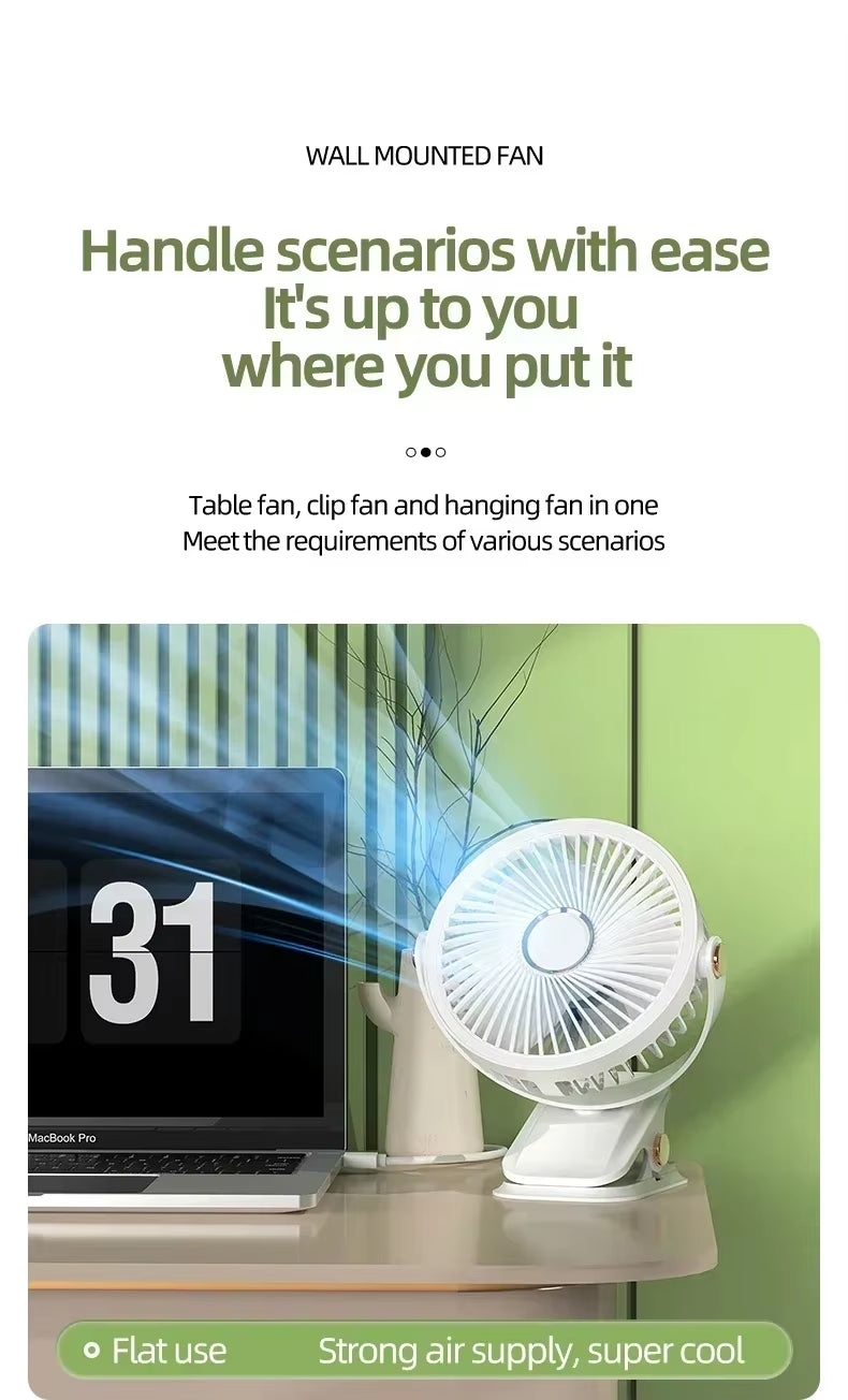 Wide Angle 720° Rechargeable Desk Fan with LED